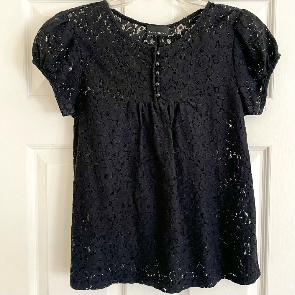 The Limited Black Lace Short Puff Sleeve Top